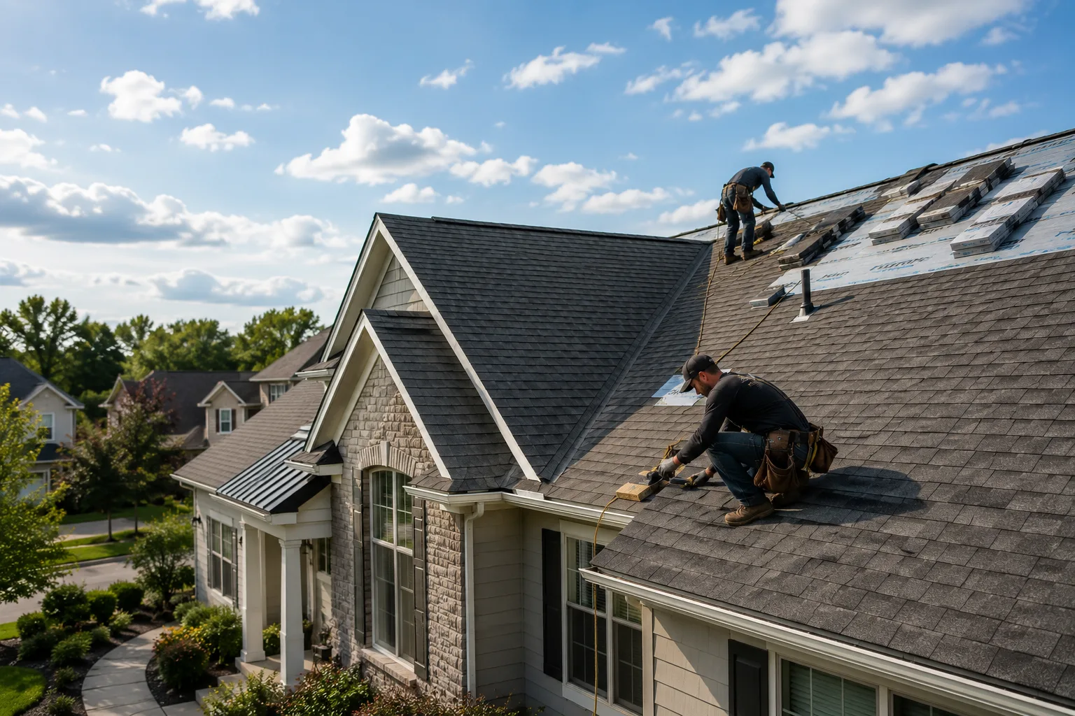 Roofer installing shingles on a Southeast Michigan home