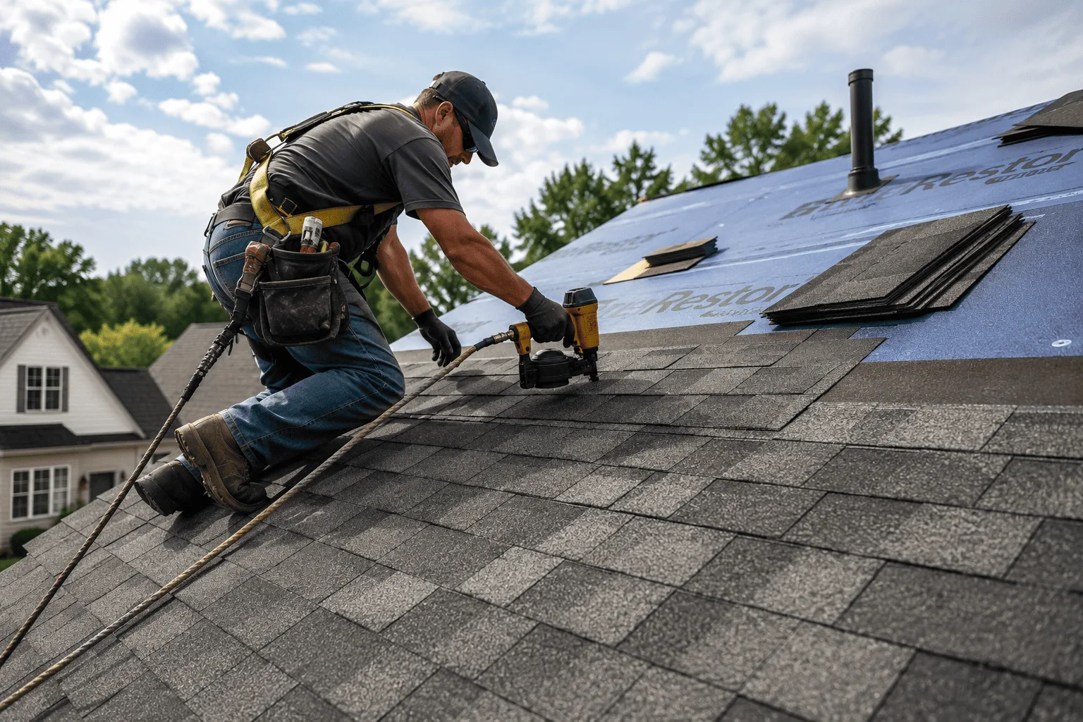 Roofer laying asphalt shingles