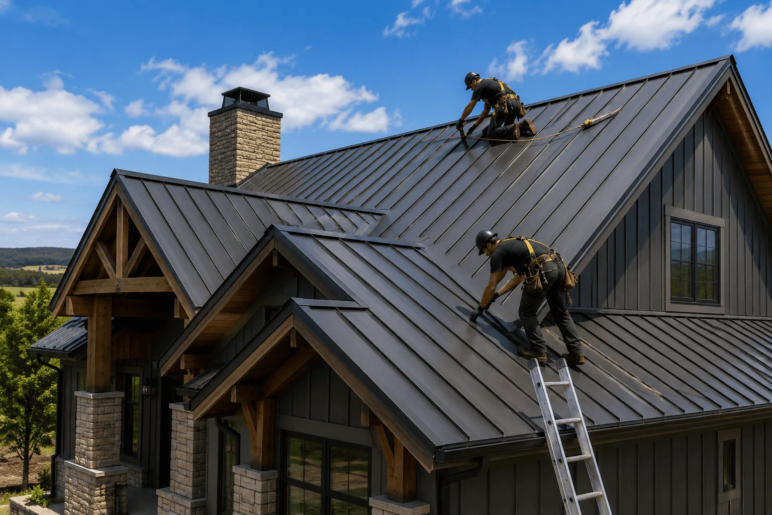 Metal roof installation on a country home