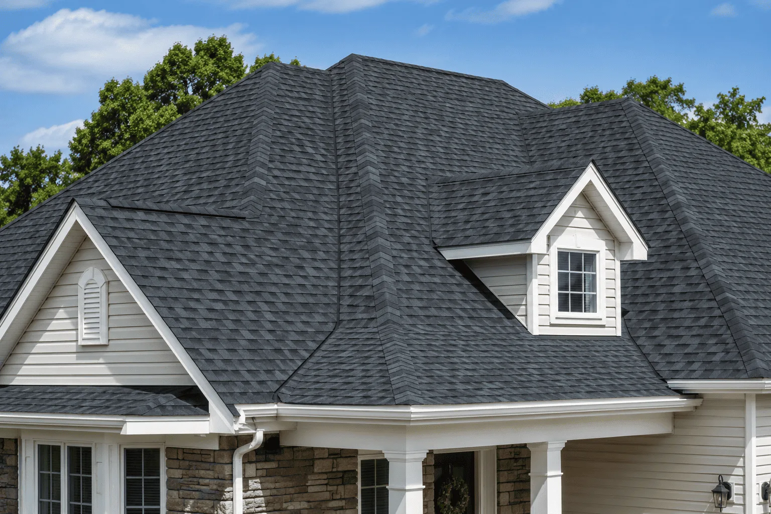 Finished residential roof with dormers