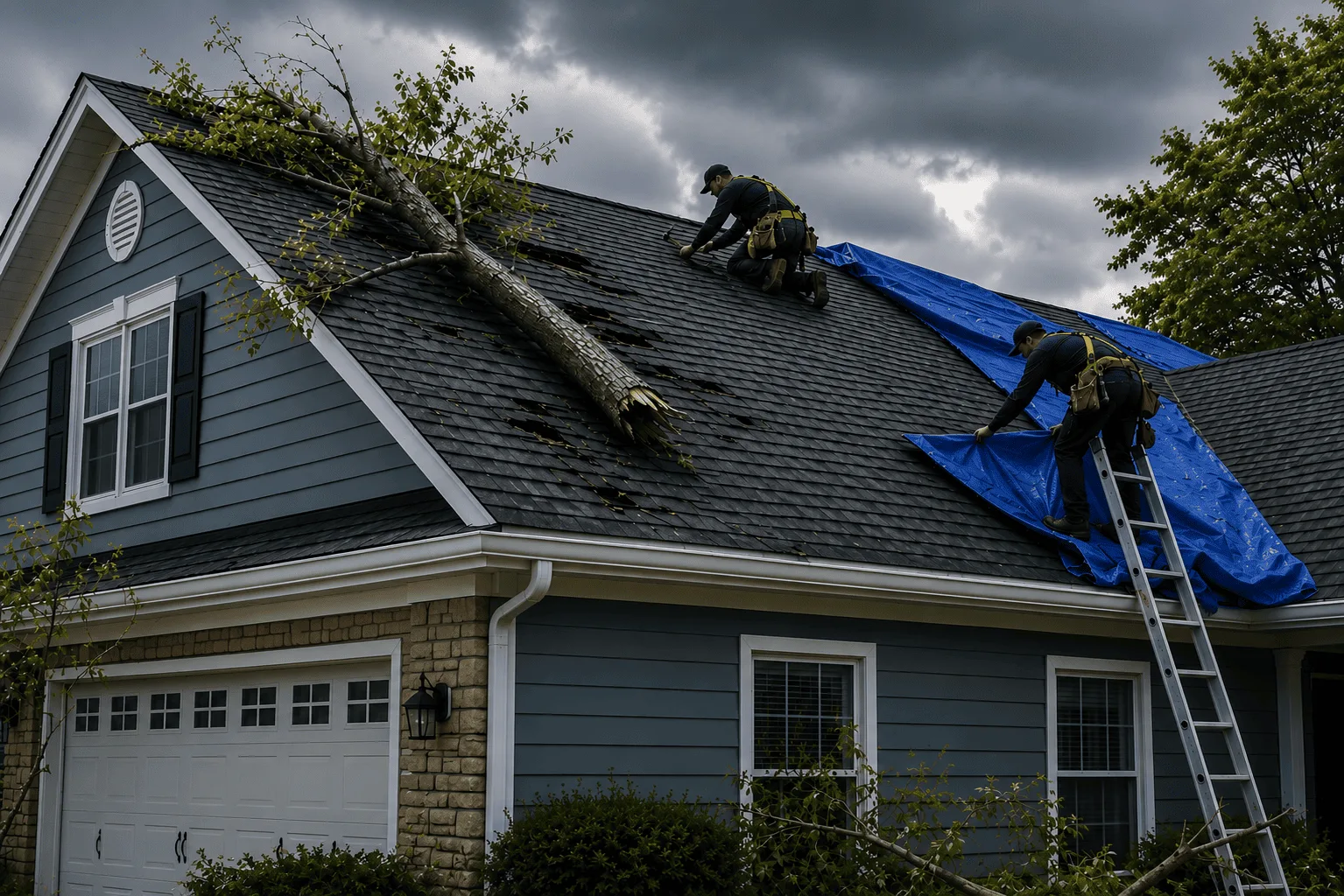 Storm damage roof repair with a tarp and ladder